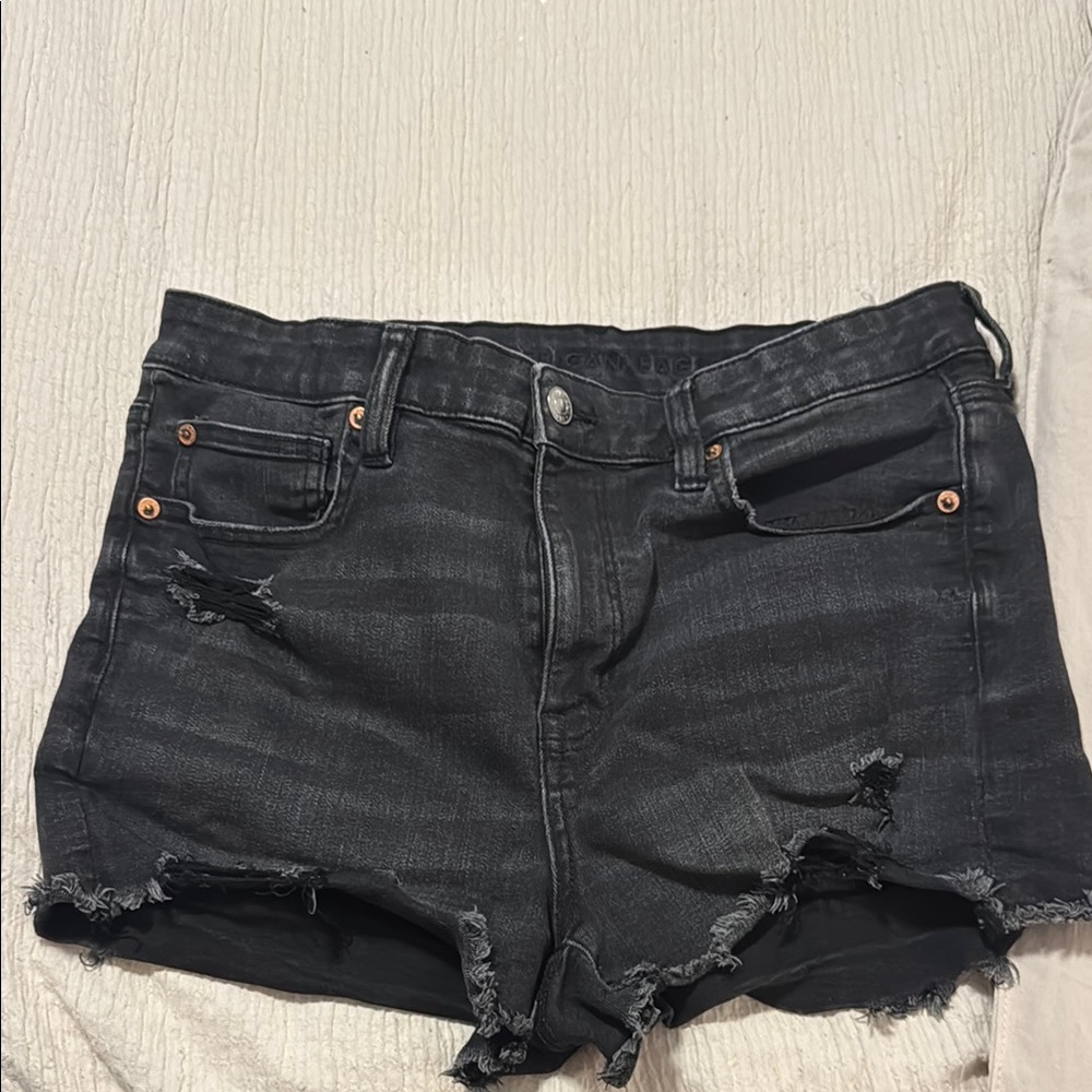 EUC American Eagle Distressed Black Denim Shorts size 12